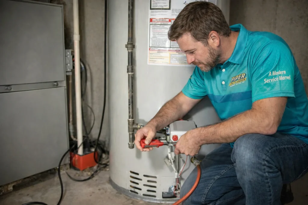 Piper the Plumber technician servicing a residential hot water tank in Red Deer