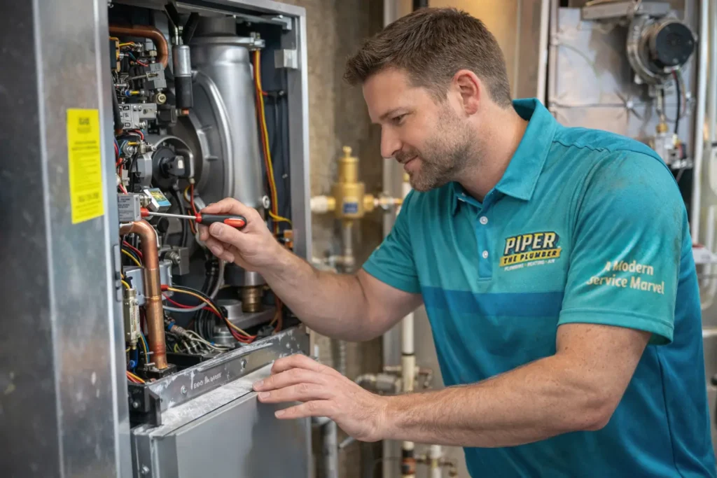 Piper the Plumber Technician Fixing Furnace in Red Deer, Alberta